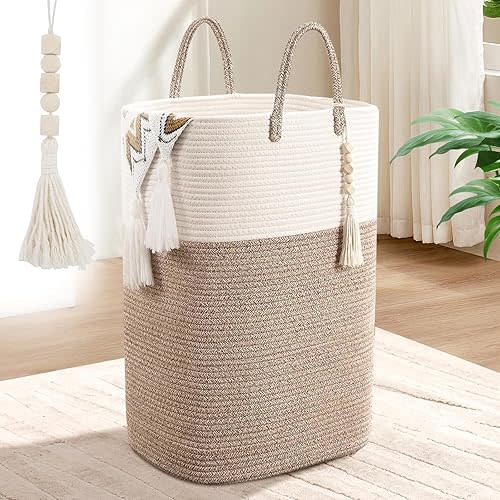 65L Woven Laundry Basket for Clothes, Large Rectangle Laundry Hampers with Beads Tassel, Nursery Storage Basket for Toys, Tall Dirty Clothes Hamper for Bedroom Aesthetic, Laundry Room Organization