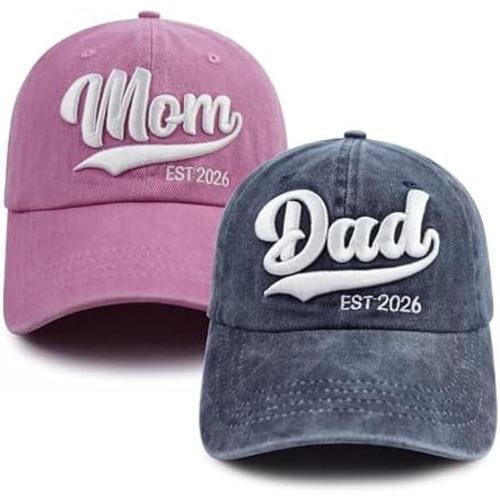 2PCS Mom and Dad EST 2025 2026 Hat, 3D Embroidered Adjustable New Parents Gifts Baseball Cap
