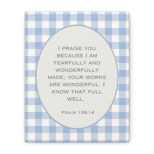 Psalm 139:14 Scripture Wall Art Matte Canvas | Blue Gingham Nursery Decor