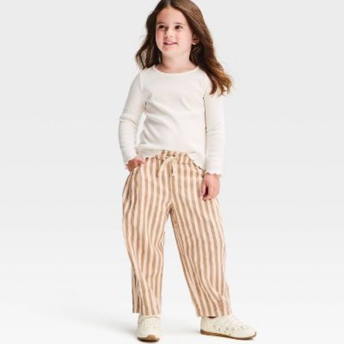 Toddler Girls' Striped Pull-On Twill Pants - Cat & Jack™ Beige/Cream 18M