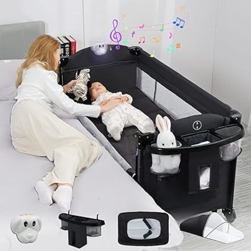Bedside Crib 5-in-1 Baby Bassinet Bedside Sleeper with Storage, Pack and Play Bassinet Includes Diaper Changer/Mattress/Music, Convertible Playard from Newborn to Toddler(Black)