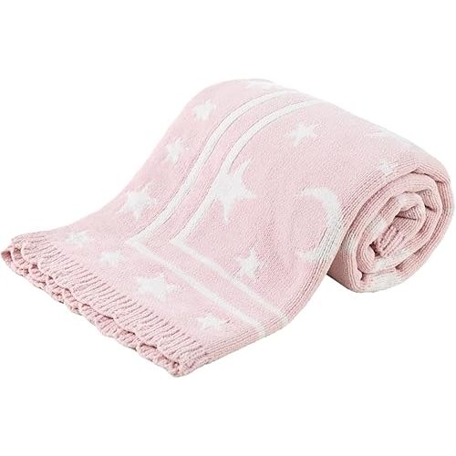 Berkshire Baby Blanket,Ultra-Plush Reversible Chenille Knit Toddler Blanket,Cute Pattern Nursery Crib Blanket,Ideal Baby Gift(30x40 Inches,Stars and Moon Border White-Pink)