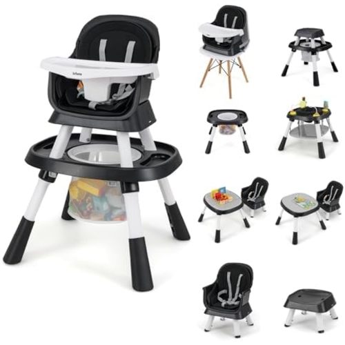 INFANS 9 in 1 High Chair, Convertible Baby Highchair for Babies and Toddlers, Table and Chair Set Building Block Infant Dining Booster Seat, Kids Stool with Activity Children Play Kitchen (Black)