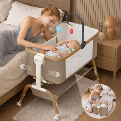 Isabelle & Max™ Bedside Sleeper Bassinet, Detachable Portable Baby Bassinet With Rocking Function, 8-level Height Adjustable Newborn Bed, Breathable Mesh, Storage Basket & Rotating Mobile Toy, Khaki | Wayfair