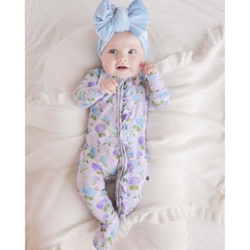 Lev Baby Girls' Bamboo Viscose Hydrangea Ruffle Footie Pajama with 2-Way Zipper, Snug Fit - Lavender