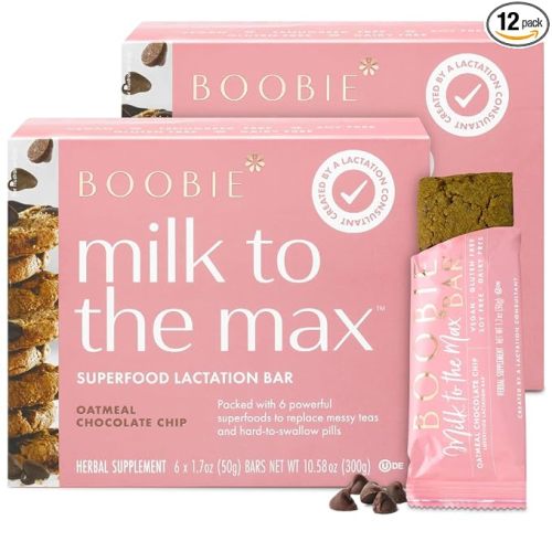 Boobie Bar Oatmeal Chocolate Chip Lactation Bar | #1 Selling Lactation Snack Bars | Gluten Free & Vegan Lactation Snacks To Support Milk Supply Increase, 12 Bars (2 Boxes)