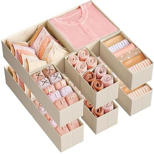 SONGMICS Drawer Organizers, Dresser Divider Organizers, Set of 12, Foldable Fabric Storage Boxes for Socks, Underwear, Bras, Ties, Scarves, Summer Sand URDZ006Y02