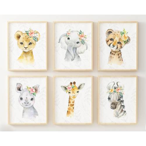 Safari Animals Nursery Wall Art Prints - Set of 6 | Nursery Decor | Jungle Animal Pictures | Watercolor Baby Animal Art Prints