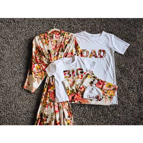 Floral Maternity Robe, Mommy and Me Matching Set, Dad Shirt, Personalized Hat.
