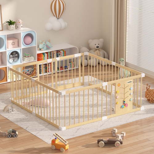 Guqiart Large Wooden Baby Playpen Babies and Toddlers, Adjustable Kids Play Yard with Locking Gate & Interactive Toys for Indoor Use, 63"×63"×24"