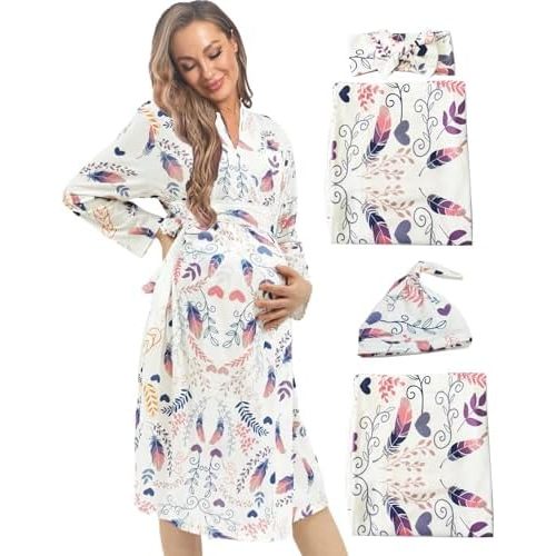 Maternity Robe with Matching Swaddle Set, Mommy Me Set Soft Women Maternity Sleepwear Bathroom Long Sleeves Robe