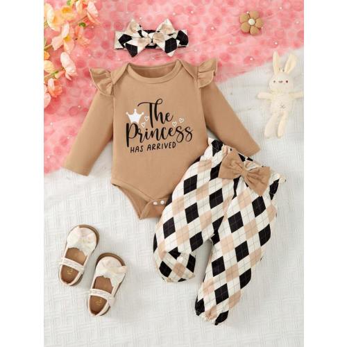 3pcs Baby Girls' Cute Heart & Leopard Print Long Sleeve Bodysuit, Ruffled Letter Tee And Pants Set, For Christmas | SHEIN USA