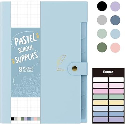 Sooez Aesthetic 8 Pocket Accordion File Organizer, Pastels Expanding File Folder for Important Document with Labels, Portable Receipt Bill Organizer for Office School Supplies, Letter Size Light Blue