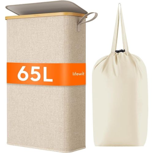 Lifewit 65L Slim Laundry Basket, Laundry Hamper with Lid, Narrow Laundry Bin with Removable Bag & Bamboo Handles, Foldable Thin Dirty Clothes Hamper for Laundry Centres Bathroom Bedroom Dorm, Beige