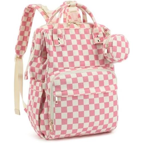 Corduroy Diaper Bag Backpack, Large Capacity Multifunction Baby Diaper Bags for Women, Insulated Bottle Pockets & Pacifier Case, Stylish Travel Nappy Changing Bags for Mom Dad (Checkered Pink)