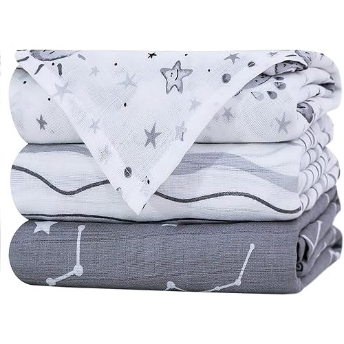 Little Grape Land Muslin Swaddle Blankets 47''x47'' 3 Pack, 100% Cotton Large Size Baby Swaddles for Newborn, Soft Breathable Baby Blankets for Newborns, Stars/Grey