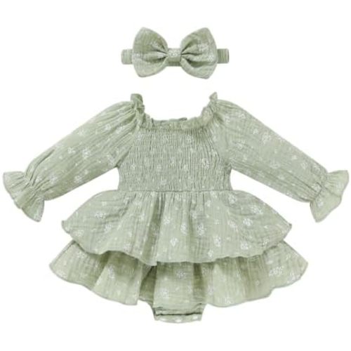 Happy Town Baby Girl Romper Cute Infant Girls Cotton Clothes Long Sleeve Dress with Headband Fall Winter Outfits