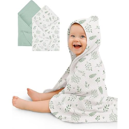 Hooded Baby Towels 2 Pack, Muslin Baby Bath Towels with Hood for Newborn Infant and Toddler, Soft Breathable & Absorbent, 32" x 32" (Fern - Leaf & Sage, Heavyweight)
