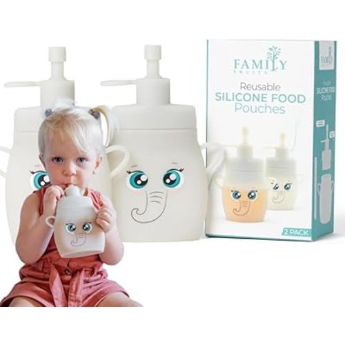 BPA Free, Silicone, Reusable Pouches for Toddlers, 2 Pack Elephants, Easy to Clean Fill Reusable Baby Food Pouches, Homemade Organic Smoothie, Puree, Applesauce, Reusable Squeeze Pouches for Kids