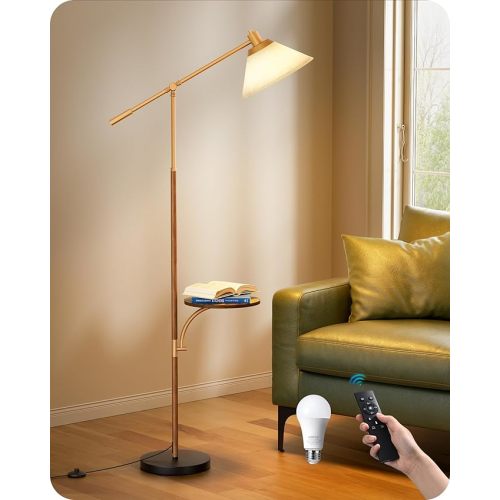 EDISHINE 68" Arc Floor Lamp with Table, Vintage Standing Lamp for Living Room with Tray, Tall Reading Lamp, Beige Shade, Adjustable Arm, Remote Dimmable Bulb Included, for Bedroom Office, Wood Grain