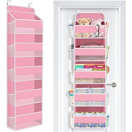 SpaceWhisper Over the Door Organizer, 5 Large Pocket Hanging Storage Organizer with 40lb Capacity, Space Saving for Nursery, Bathroom, Bedroom, Closet - Baby Essentials & Toiletry Organizer (Pink)