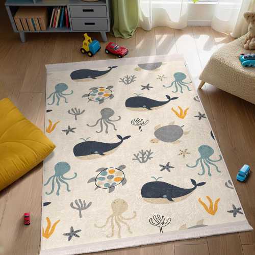 Ocean Kids Room Rug: Whale, Octopus, Turtle - Anti-Allergic Cotton