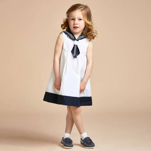 Beatrice & George - Girls White & Navy Blue Cotton Sailor Dress | Childrensalon