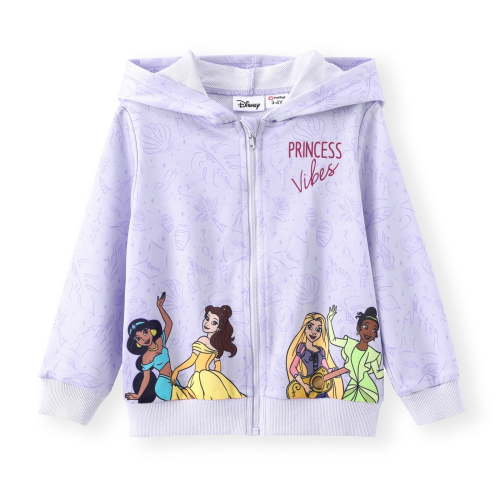 Disney Princess Toddler Girls Hoodies Jasmine/Belle/Tiana/Rapunzel Purple Border Paterrn Zip-Up Varsity Jacket Sizes 2-6