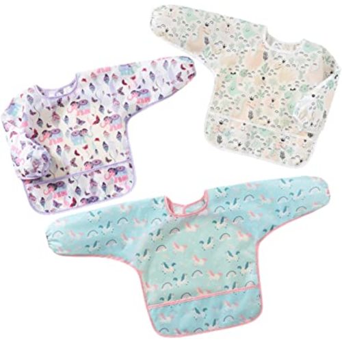 3-Pack Baby Long Sleeve Waterproof Bib Full Coverage Apron Bib Smock Toddler Bibs with Pocket 6-30 Months