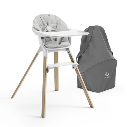 Stokke Clikk High Chair (White) with Clikk Cushion (Nordic Grey) + Travel Bag - Includes Tray & Harness - Light, Durable & Travel Friendly - Best for 6-36 Months or Up to 33 lbs
