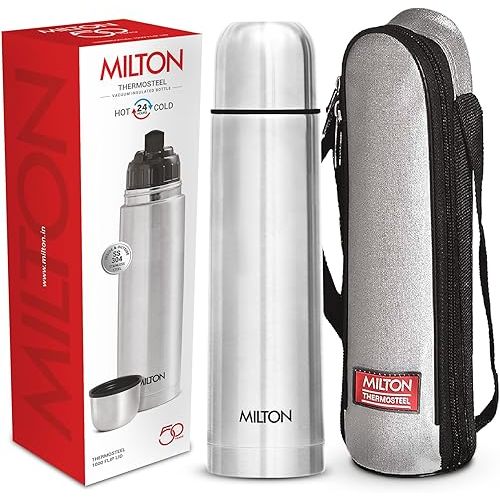 Milton Thermosteel Flip Lid 1000, Double Walled Vacuum Insulated Thermos 1000 ml | 34 oz | 1 Ltr | 24 Hours Hot and Cold Water Bottle with Cover, Stainless Steel, BPA Free,Leak Proof | Silver