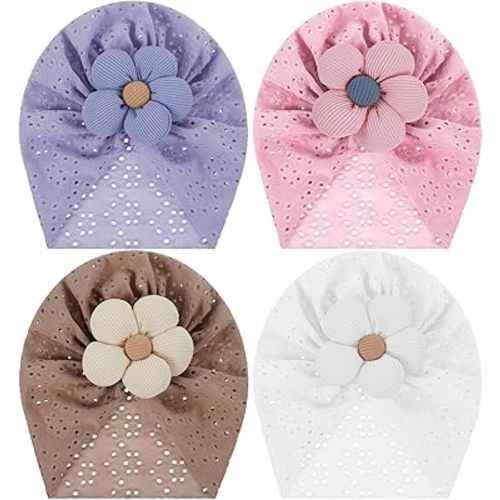4PCS Flower Baby Girl Hats, Soft and Cute Infant Beanie, Warm Newborn Babies Head Wrap Hat, Newborn Hospital Cap for Baby Girls, Newborns, Infants and Toddlers (Pink/White/Purple/Brown)