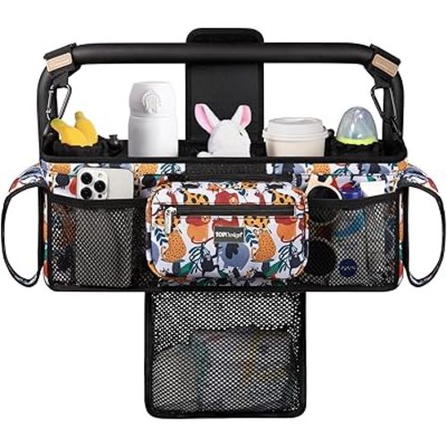 TOPDesign Universal Baby Stroller Organizer, Double Stroller Caddy with Detachable Mesh Bag & Heightened Insulated Cup Holders & Non-Slip Secure Hooks Accessories, Fits Most Strollers (Zoo)