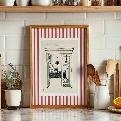 BAKERY Giclée Fine Art Print, Food Art, Minimalist Art, New York Wall Art, Bakery Drawing, Bakery with Red and White Stripes