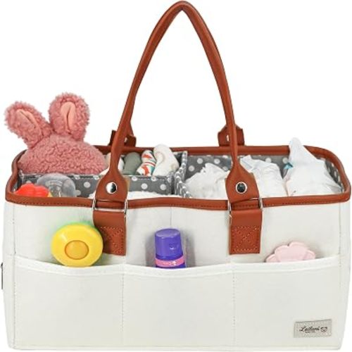 Diaper Caddy Organizer, Large Portable Nursery Storage Basket with Removable Dividers, Leather Handles, Multiple Pockets for Baby Essentials and Car Travel