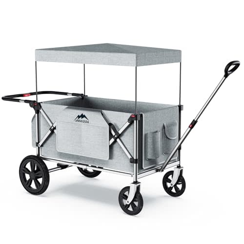 Foldable Wagon Stroller, Stroller Wagon for 2 Kids with 5-Point Harnesses,Adjustable Push/Pull Handle, Removable Sun Canopy, Suitable for Family Travel, Two Children Ride, Large Storage,Gift