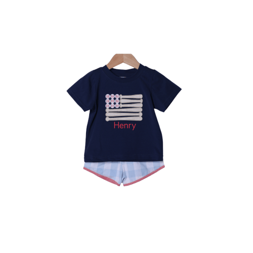 Applique Stars and Strikes Baseball Blue Gingham Short Set