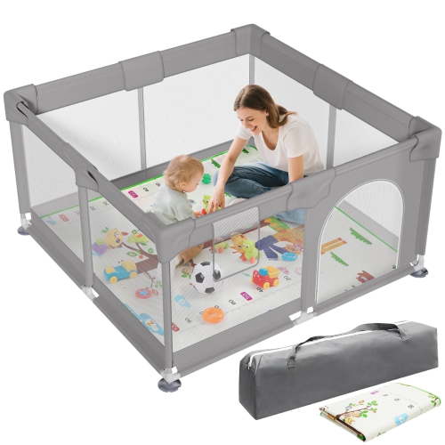 Vipsafe Baby Playpen, Safety Play Yard (with Mat) and Storage Bag, 50" x 50" Infant Travel Fence, Gray