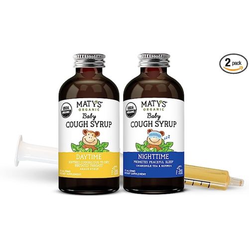 Maty's USDA Organic Baby Daytime & Nighttime Cough Syrup Value Pack, Soothing Relief for Day and Night, Made with Agave Syrup for Babies 3 Months+, 2 Fl oz Each (4 oz Total)