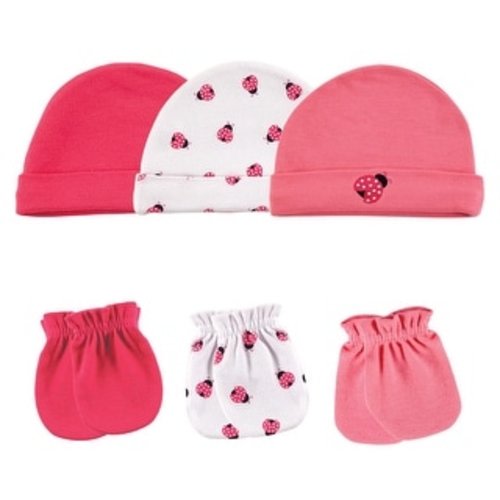 Luvable Friends Baby Girl Cotton Caps and Scratch Mittens 6pk, Ladybug