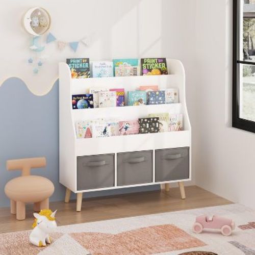 Kids Bookshelf with 3 Fabric Bins, Front-Facing Book Display Organizer with Pine Legs for Playroom or Nursery, White