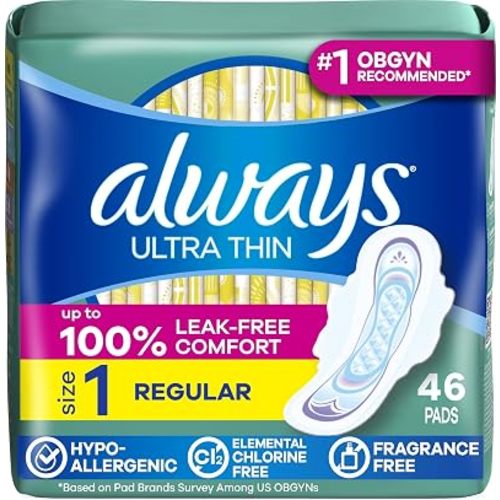Always Ultra Thin Feminine Pads with Wings for Women, Size 1, Regular Absorbency, Unscented, Up to 100% Leak-Free Protection, 46 Count