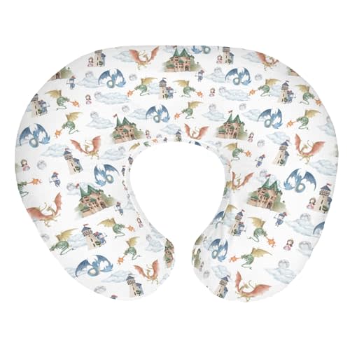 Fairytale Dragon and Knights Baby Nursing Pillow Covers for Boy Girl Fantasy Dragons Princess Castle Nursing Pillowcase for Breastfeeding Pillows Moon Clouds Soft Stretchy Slipcover for Newborn Infant