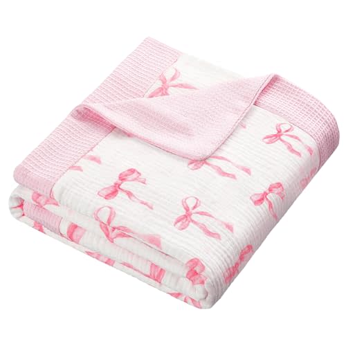 Bow Waffle Baby Blanket, 30x40 Inch Muslin Swaddle Blanket, Soft 5 Layers Crib Stroller Nursery Receiving Blankets with Muslin Front and Waffle Backing for Wrapping Infant Newborn