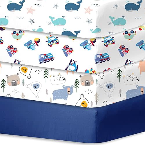 lumono Crib Sheets Boy 4 Pack, Baby Crib Sheet for Standard Crib & Toddler Mattress, Super Soft Breathable Crib Sheets Fitted for Baby Boys and Girls, Whales Tale/Toy Cars/Lovely Bear/Navy Blue
