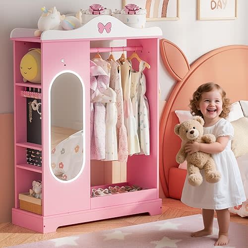 Kids Armoire with Jewelry Cabinet, Kids Dress Up Storage wth Shelves, Girls Wardrode Costume Organizer with Mirror, Children Closet with Armoire for Bedroom, Kid Room, Girls (Pink)