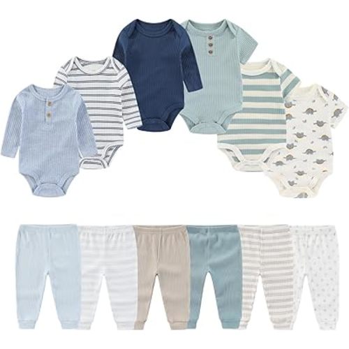 Four Seasons Baby Layette Sets 12 Pack Unisex Infant Boys Girls Pants and Long/Short Sleeve Bodysuits