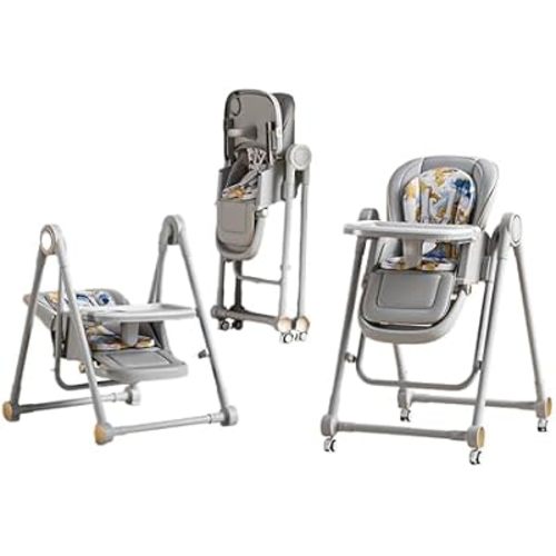 Multi Functional All in 1 Baby High Chair Swings for Infants Foldable Rocking 8 Level Height Adjustment Eco Friendly Washable PU Cushion Ultimate Baby Feeding Chair (Gray)