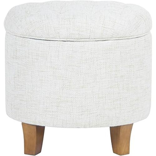 HomePop Home Decor | Upholstered Round Tufted Foot Rest Ottoman | Ottoman with Storage for Living Room & Bedroom | Decorative Home Furniture, Cream Textured Solid