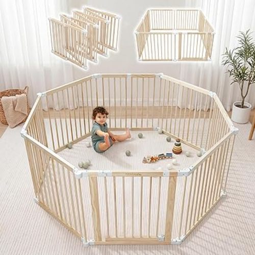 Comfy Cubs Baby Gate Playpen - 57 x 57 x 25 in, Extends Up to 228” - Pine Wood Foldable Playpen with Child-Proof Lock - Easy Assembly Baby Fence Play Area for Babies & Toddlers - Light Wood White
